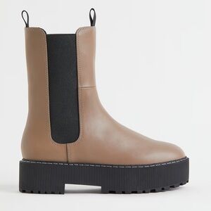 H&M Taupe and Black Pleather Stacked Heeled Ankle Boots